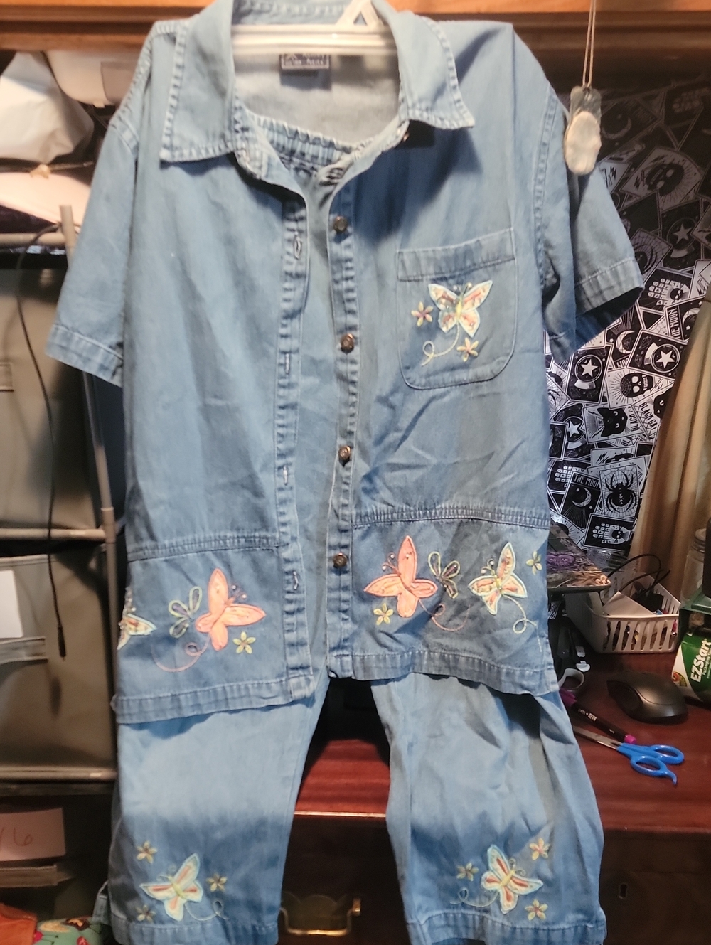 Vtg 90s Jane Ashley Embroidered Denim 2pc Set Butterfly Capri Pants & Shirt PS